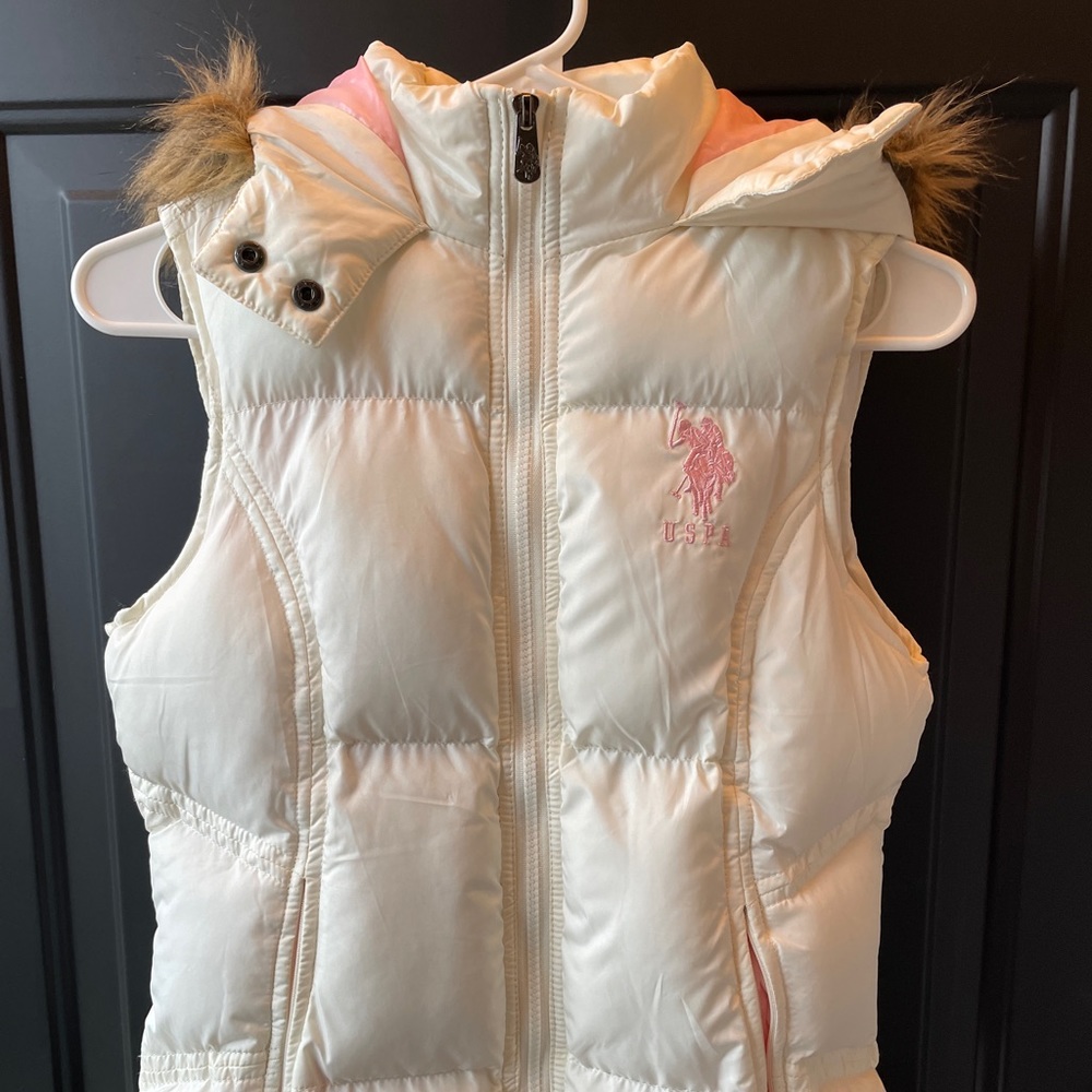 US Polo Assoc white Puffy Vest Faux Fur Trimmed Hood Small